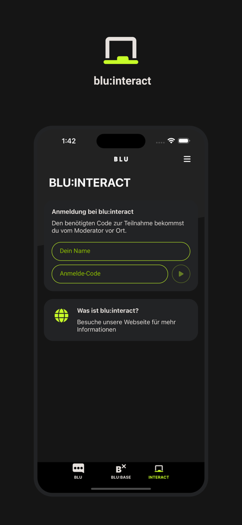 blu:app - The blu app BLU INTERACT login screen showing input fields for name and registration code for a moderated group session.