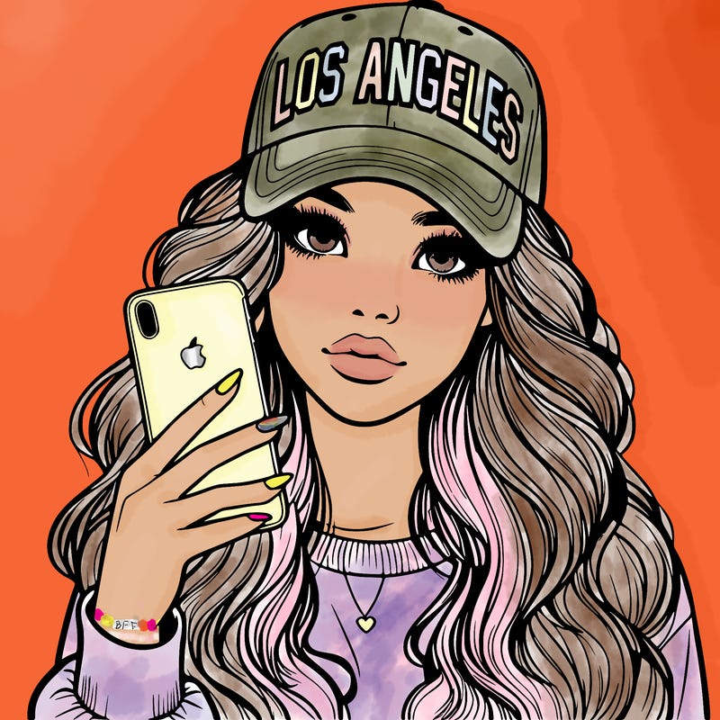 realistic beautiful girl wearing los ángeles cap holding an iphone