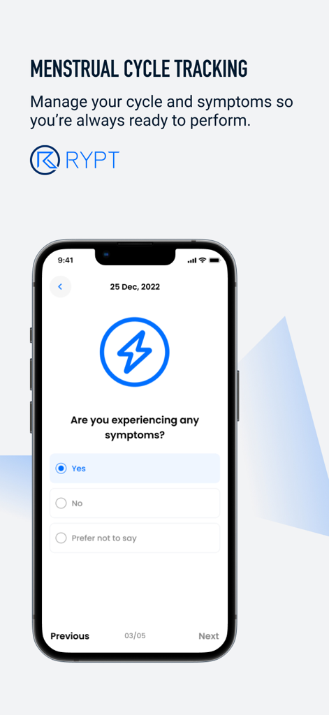 RYPT - RYPT mobile app interface showing menstrual cycle symptom tracking survey for athletes