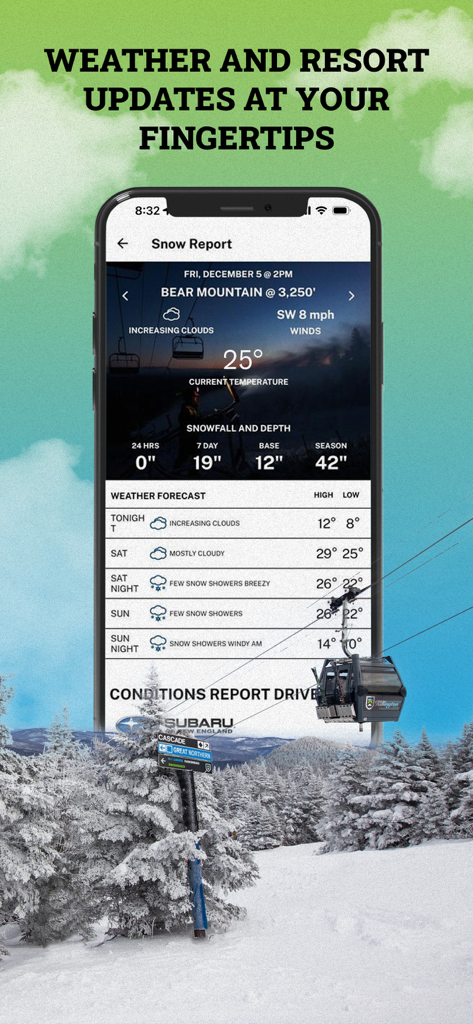 Killington Resort - Killington Resort app displaying real-time snow report and weather forecast for Bear Mountain.