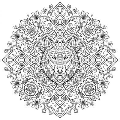 Immerse yourself in the intricate beauty of this wolf mandala, surrounded by blooming spring flowers. This detailed design offers a meditative coloring experience, perfect for art lovers of all skill levels.