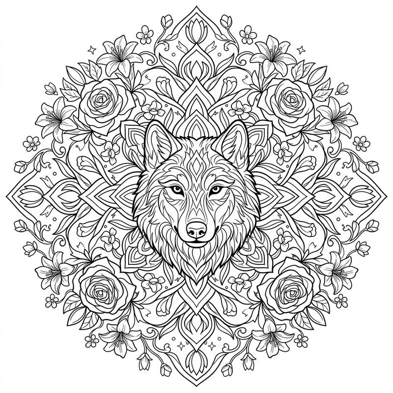 Immerse yourself in the intricate beauty of this wolf mandala, surrounded by blooming spring flowers. This detailed design offers a meditative coloring experience, perfect for art lovers of all skill levels.