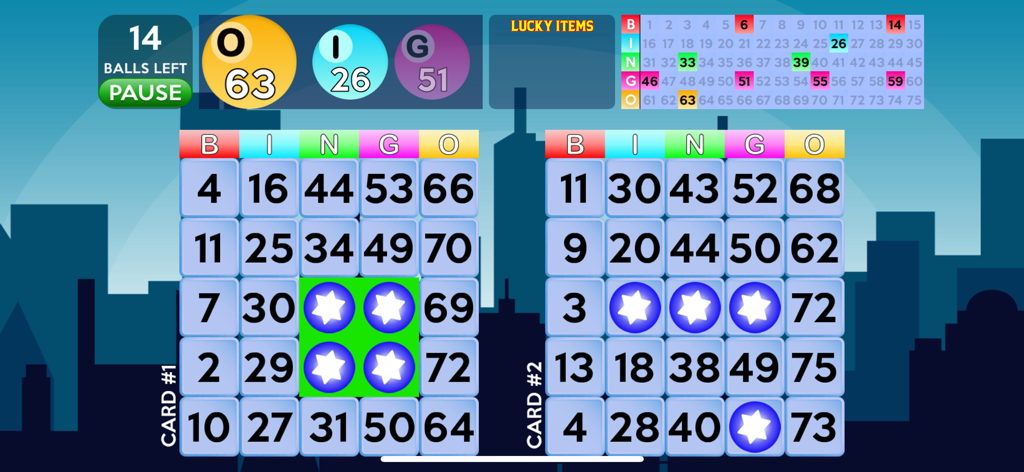 Bingo Deluxe - Bingo Deluxe gameplay showing two large-print bingo cards with star markers and a city skyline background