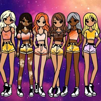a group of girls wearing crop tops and shorts