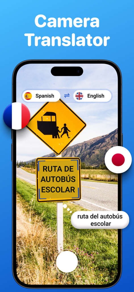 iPhoneの画面。AI翻訳のカメラ機能でスペイン語の道路標識が英語に翻訳されている。