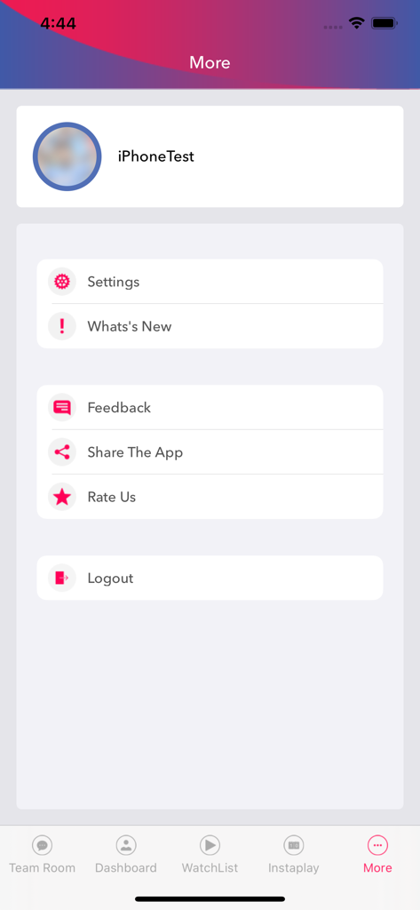 The more menu screen of the SPORTSALWAYS app featuring user profile and settings