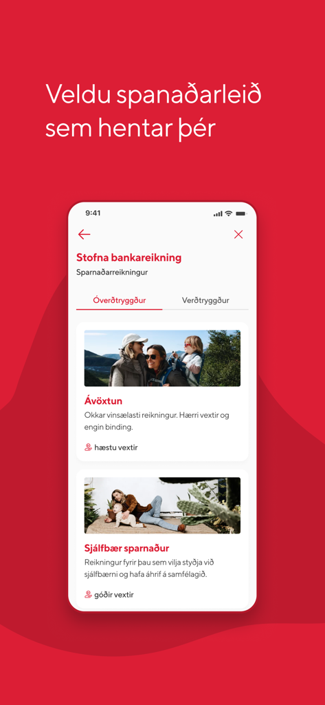 Islandsbanki mobile app interface showing various savings account options like Yield and Sustainable Savings.