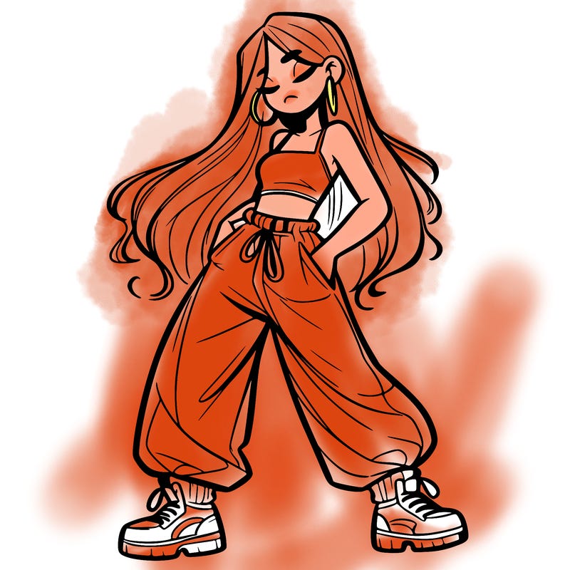 girl in baggy pants crop top and long hair