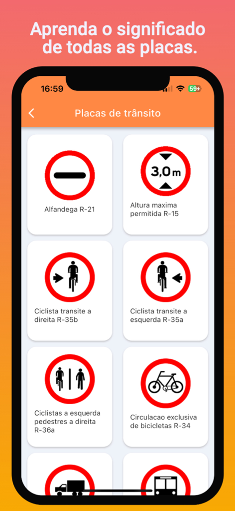 Simulado DETRAN - Tela de smartphone mostrando uma biblioteca de placas de trânsito brasileiras com seus significados oficiais para o estudo do exame de CNH.
