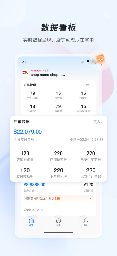 Painel do aplicativo AliExpress Seller mostrando análises da loja em tempo real e métricas de gerenciamento de pedidos.