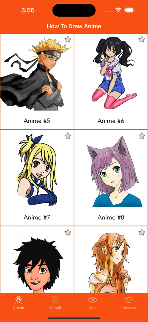 Interfaz de la aplicación Cómo Dibujar Anime mostrando una galería de diferentes personajes de anime para aprender a dibujar con categorías como Kawaii y Animales en la parte inferior.