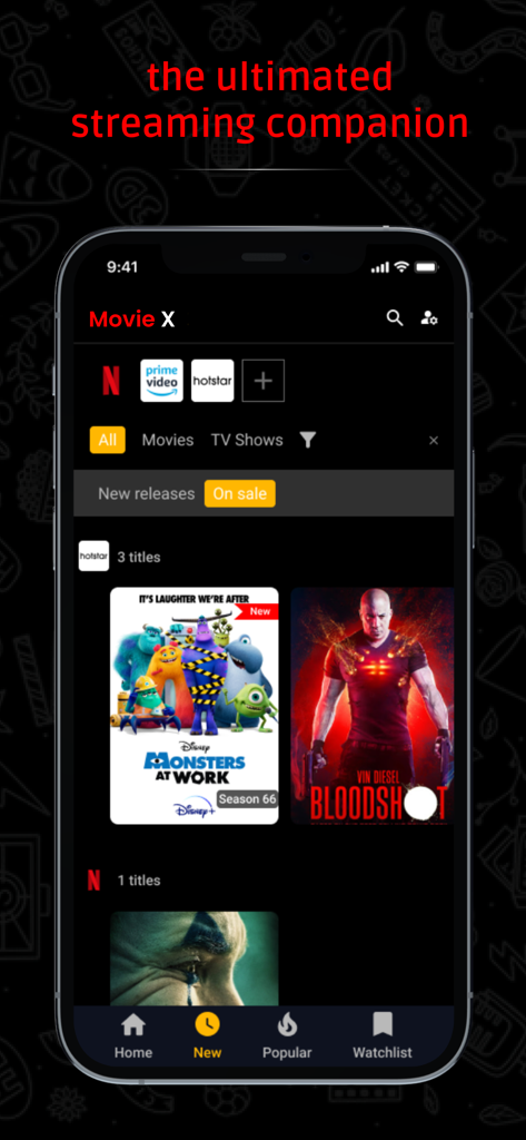 MovieX - Movie & TV Show - Interfaz de la aplicación móvil MovieX mostrando títulos de películas de Netflix y Prime Video