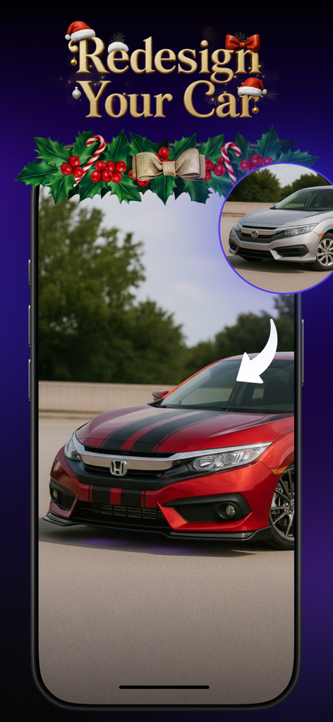 Smartphone screen displaying the Redesign Your Car feature in Hexa AI app with a Christmas theme showing a silver car transformed into a red car with racing stripes.