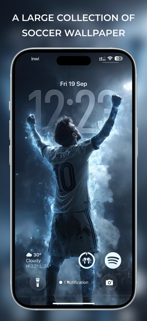 iPhone-Sperrbildschirm mit einem hochauflösenden Lionel Messi Fußball-Wallpaper mit blauen Rauch- und Lichteffekten