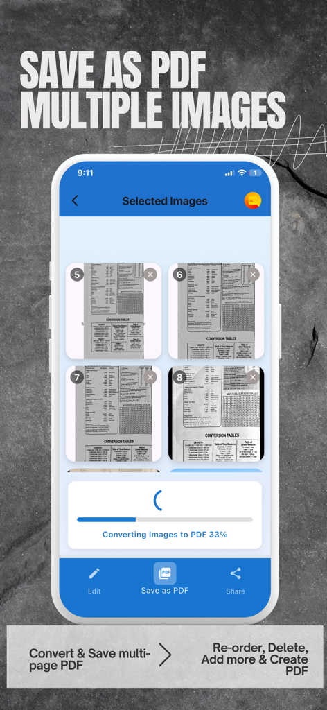 Mobile app interface of PDF Scanner RS showing the process of converting multiple images into one multi-page PDF document