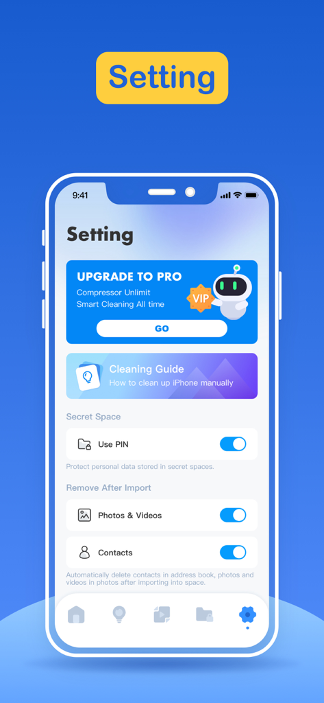 Settings interface of the Storage Cleaner app showing privacy options and cleaning guides