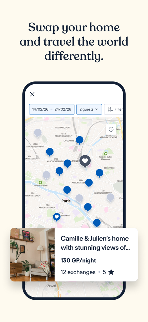 HomeExchange mobile app showing home swap map in Paris with house listing preview