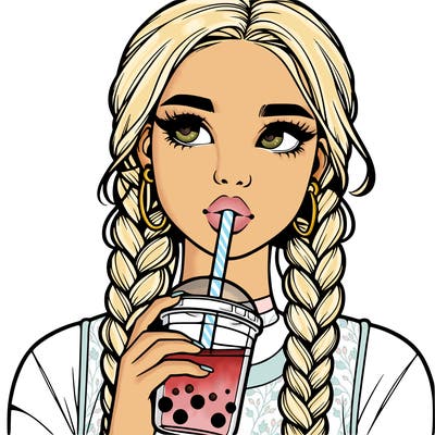 realistic girl with braided hair drinking boba