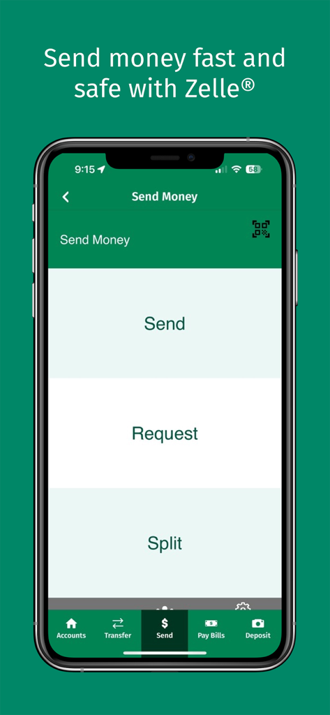 Citizens Bank mobile app interface showing Zelle options to Send Request or Split money.