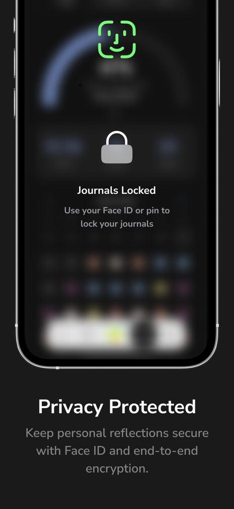 Verbo: Video Journal & Diary - 안전한 일기 항목을 위한 Face ID 잠금 및 종단 간 암호화를 통한 개인 정보 보호를 보여주는 Verbo 앱 인터페이스