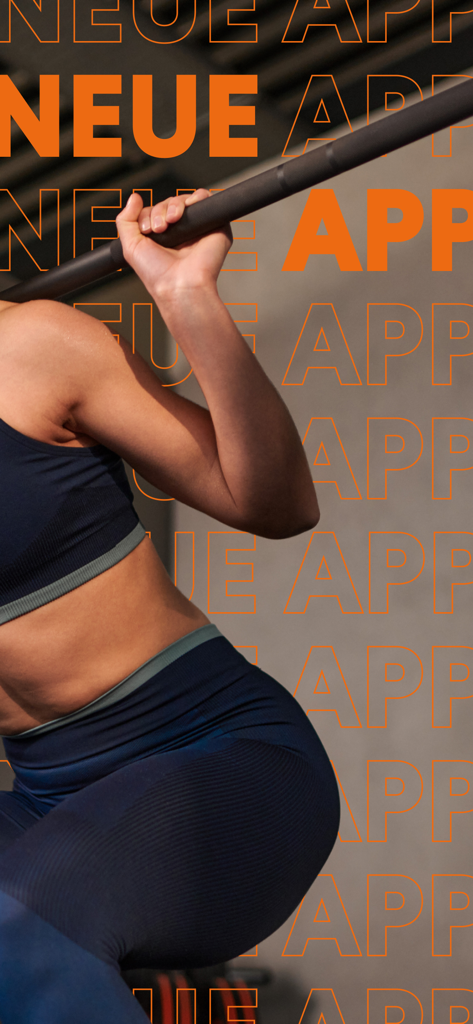 FitX App - Mulher realizando um agachamento com barra em uma academia com texto promocional do FitX app