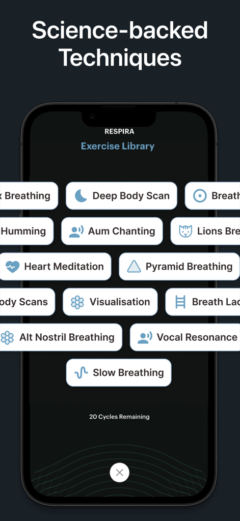 RESPIRA App-Oberfläche, die eine Bibliothek von wissenschaftlich fundierten Atem- und Meditationstechniken anzeigt