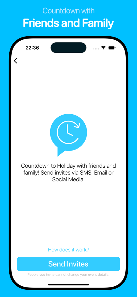 Countdown: Event Countdown - Captura de tela do aplicativo Contagem Regressiva mostrando um recurso para compartilhar contagens regressivas de eventos e enviar convites para amigos e familiares