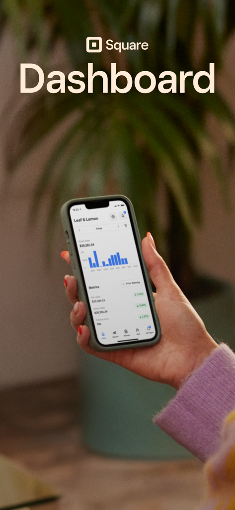 Square - Dashboard for POS - Square Dashboard app on a smartphone showing business performance metrics