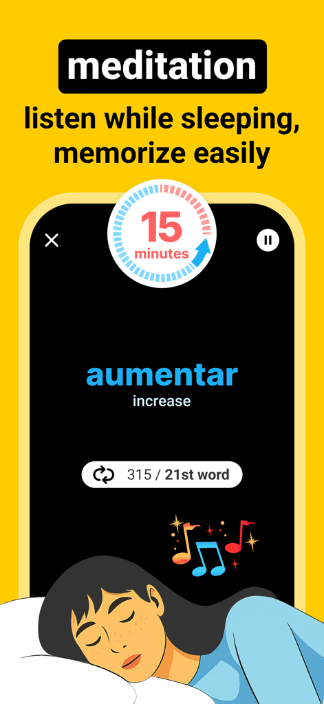 Vocabulary learning app Blarma - Blarma 앱 인터페이스는 여성이 잠자는 모습과 스페인어 단어 aumentar이 있는 수동 어휘 학습 기능을 보여줍니다.