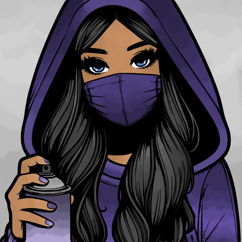 girl wearing a mask with long hair with her hood up spray-painting realistic