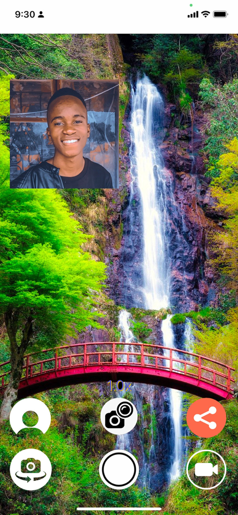 Dual camera app recording a waterfall with a selfie reaction overlay in a square frame