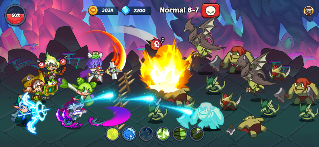 A battle scene in Kingdom Defender Idle RPG featuring heroes fighting monster waves