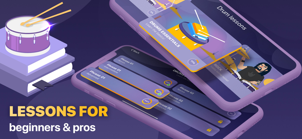 Go Drums: lessons & drum games - Promotional graphic for Go Drums app showing mobile screens with different drumming lessons and progress levels