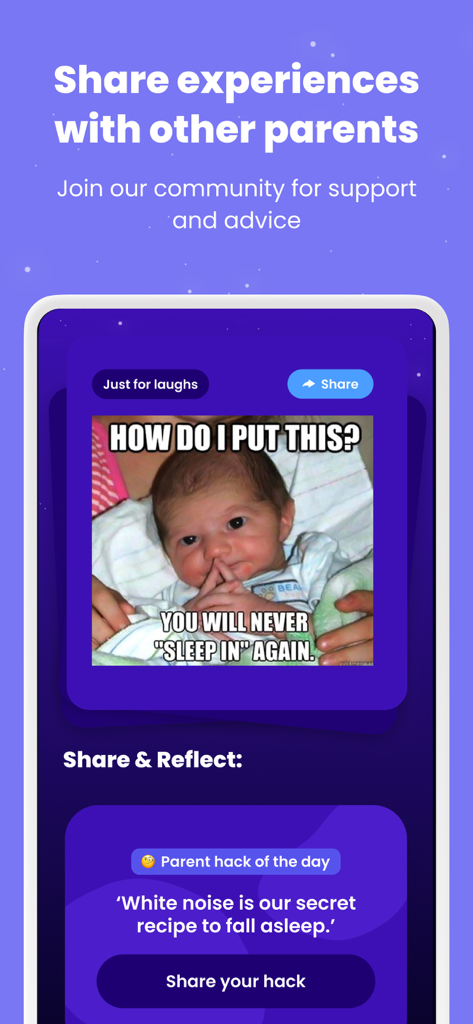 Happy Baby - Sleep & Tracker - Screenshot of Happy Baby app showing a community platform for parents to share experiences and parenting hacks