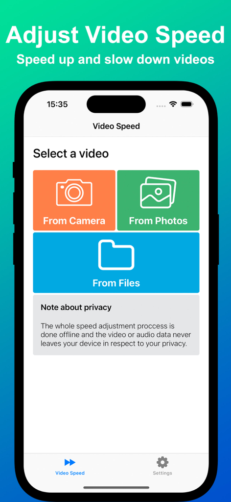 Video Speed slow motion editor - Screenshot of the Video Speed app main interface showing options to select a video from camera photos or files