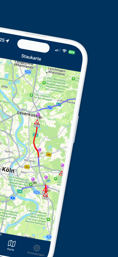 iVerkehr Pro app showing a traffic map with congestion warnings around Cologne Germany
