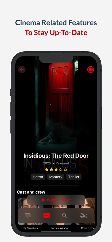 Flujo TV - Movies Finder - Flujo TV app displaying movie details for Insidious The Red Door with trailer and cast info