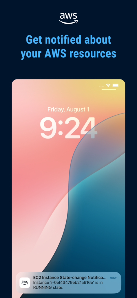 iPhone lock screen showing a push notification from the AWS Console app for an EC2 instance state change