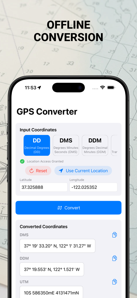 Coordinate Converter - MyGPSC - MyGPSC app interface showing offline GPS coordinate conversion between DD DMS and UTM formats