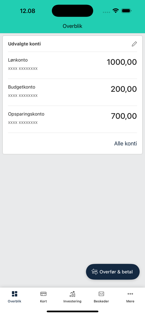 Fynske Bank - Overview screen of Fynske Bank mobile app showing salary, budget and savings account balances