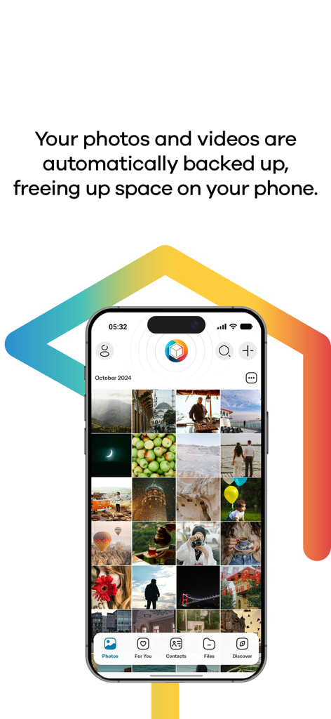 Lifebox app interface on a smartphone showing a photo gallery and automatic backup feature text