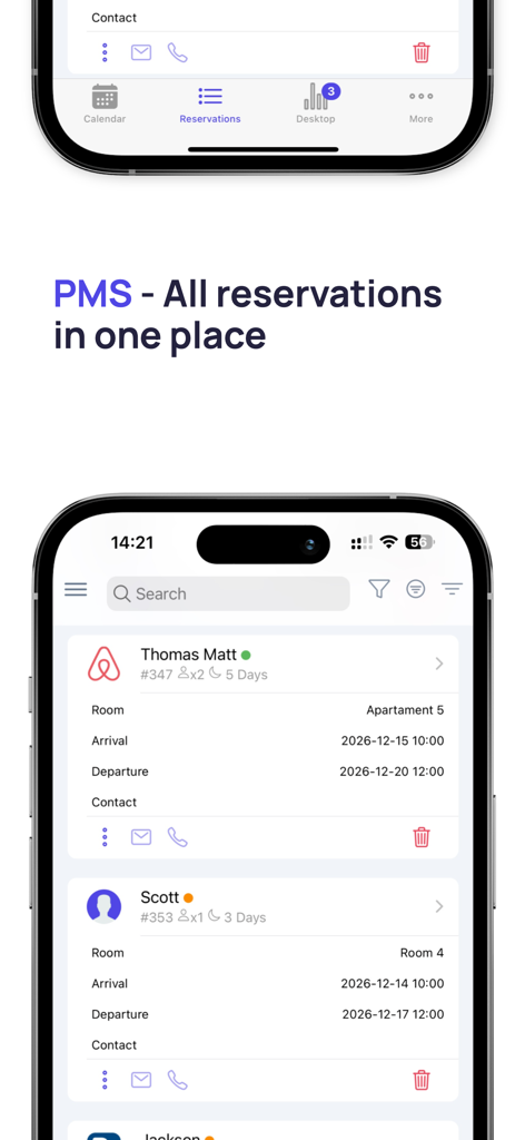 Interface de l'application mobile affichant une liste des réservations de clients et des détails de réservation pour les propriétés de location à court terme