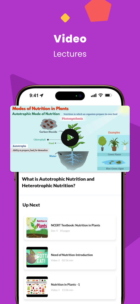 Class 7 CBSE NCERT & Maths App - A mobile screen showing a science video lecture on modes of nutrition in plants for Class 7 CBSE students.