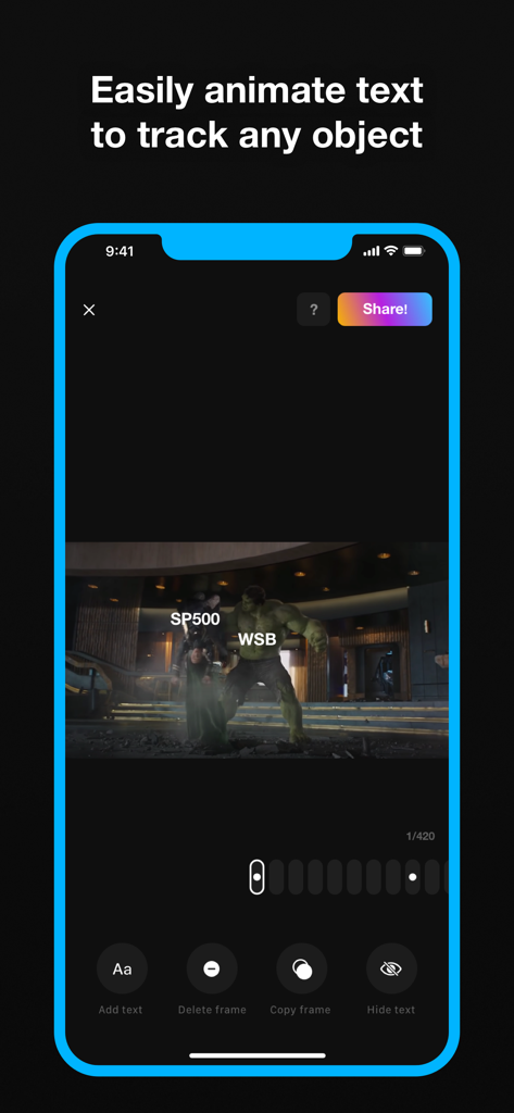 Memeo - Your meme maker - ハルクとロキの動画クリップにモーショントラッキングテキストが表示されたモバイルアプリのインターフェース、ミーム作成用