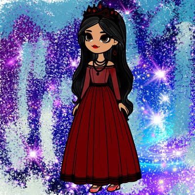 realistic tall girl with a crown and earrings and a necklace and a long dressand long hair and flat shoes