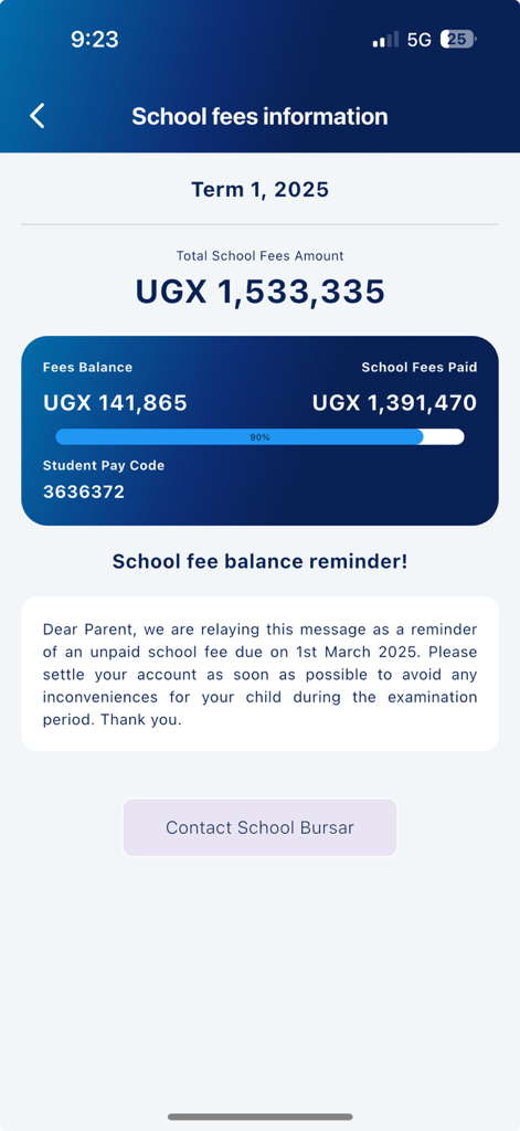School Wallet - Mobile screen of School Wallet showing school fees information with payment progress bar and balance reminder
