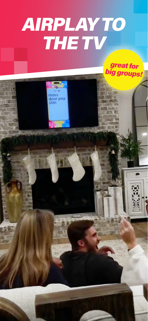 Un grupo de amigos jugando al juego de fiesta INCOHEARENT en un televisor de sala usando AirPlay.