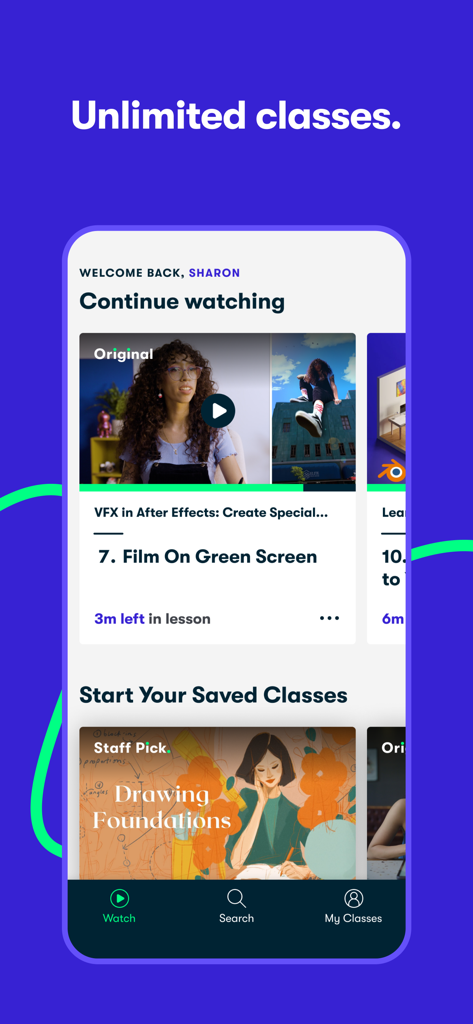 Skillshare app dashboard showing creative lessons like VFX and drawing with a continue watching section