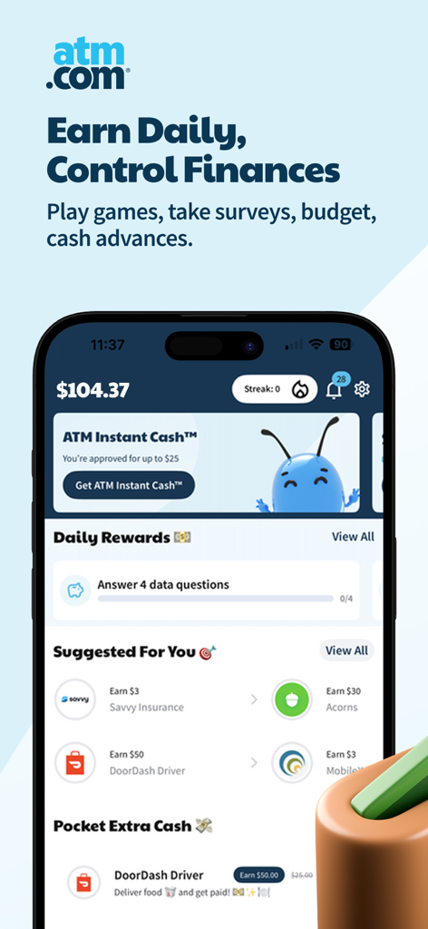 ATM Cash Advance・Instant Money - ATM.com app interface showing account balance, instant cash advance offer, and daily earning rewards.