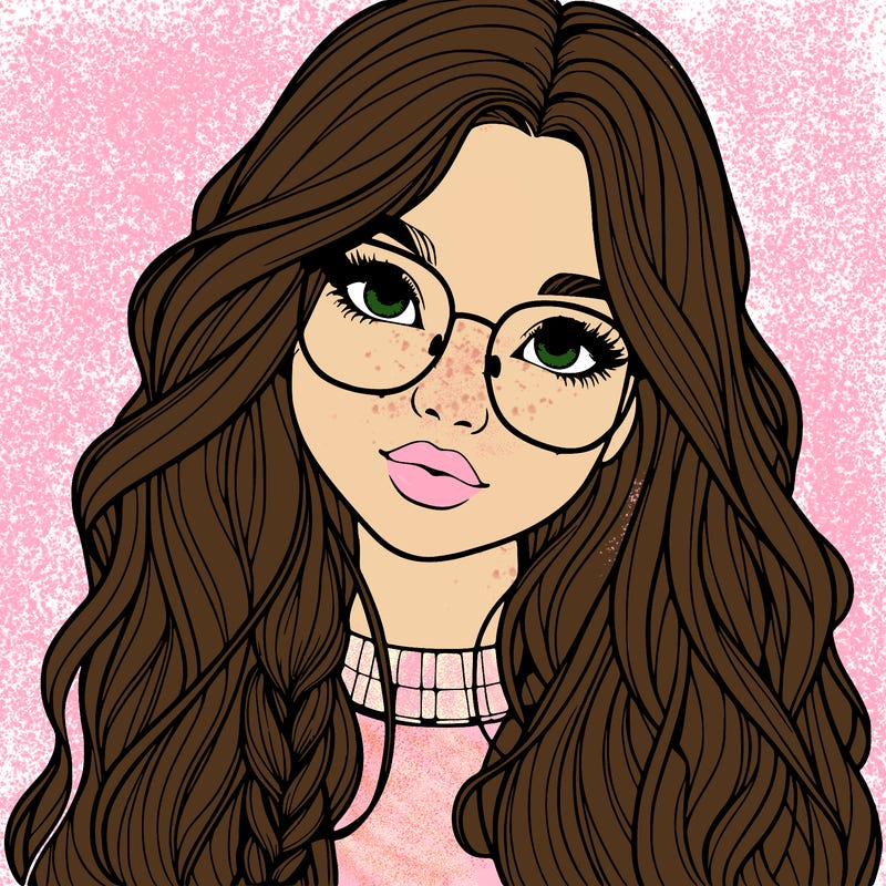 girl with long hair and freckles and glasses realistic
